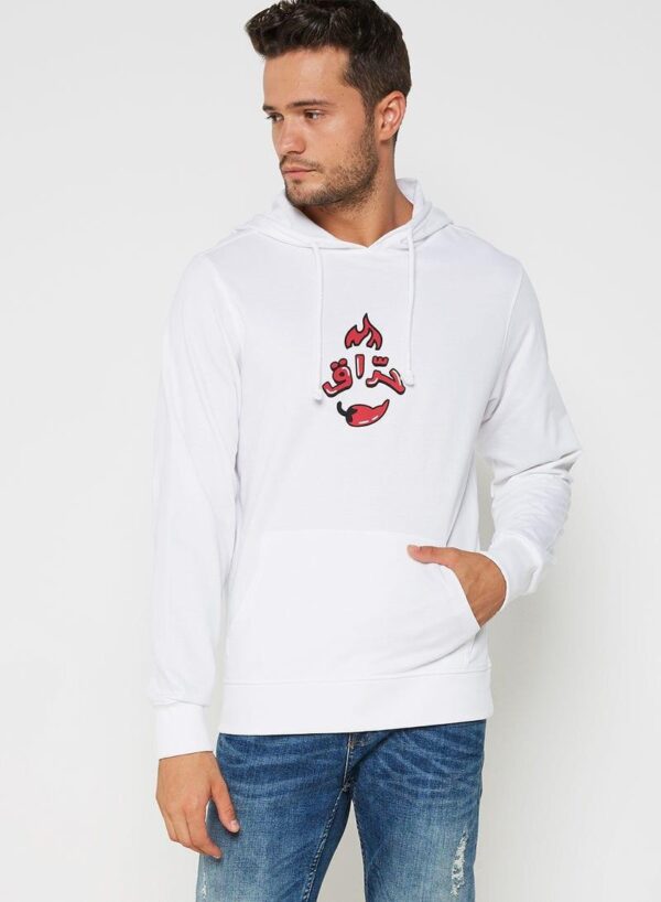 هودي مطبوع من قطن التيري 100٪ أبيض طبعة حمراء - أبيض - Image 1