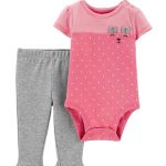 طقم بدلة من قطعة واحدة بنمط دب مع بنطال، قطعتان وردي/رمادي